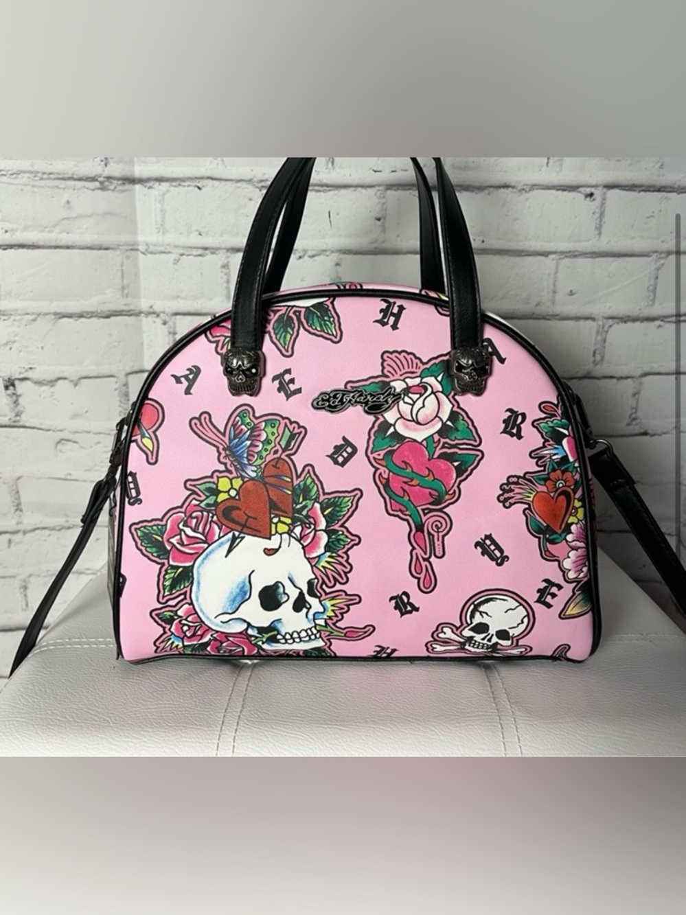 Ed Hardy insulated lunch box  Pink Tattoo-Print Dome Satchel with Black Handles.
